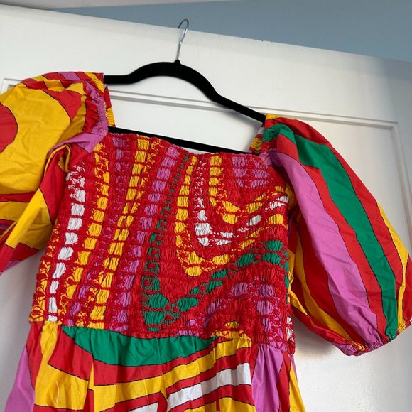 Rhode Flare Mini Dress Printed Smocked Bodice Puff Sleeve Square Neck Multicolor - Picture 5 of 5